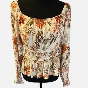 Cream and orange floral print long sleeve blouse Size Medium